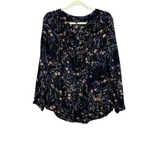 Lucky Brand Floral‎ Print Long Sleeve Blouse Top Black Multicolor Large